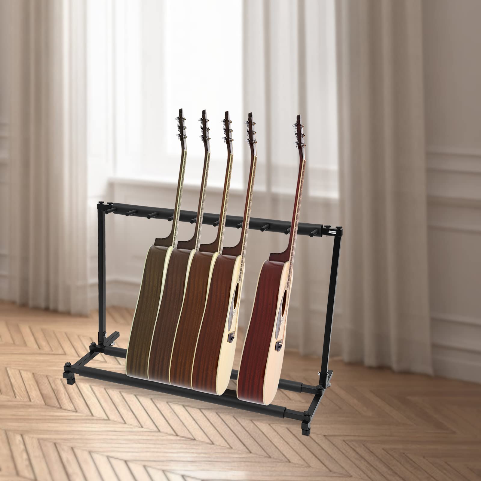 Supporto per chitarra a 3 scomparti, a 5 livelli, pieghevole, con ruote, per chitarra acustica, classica, basso acustico, chitarra elettrica, basso (110 x 47 x 73 cm)