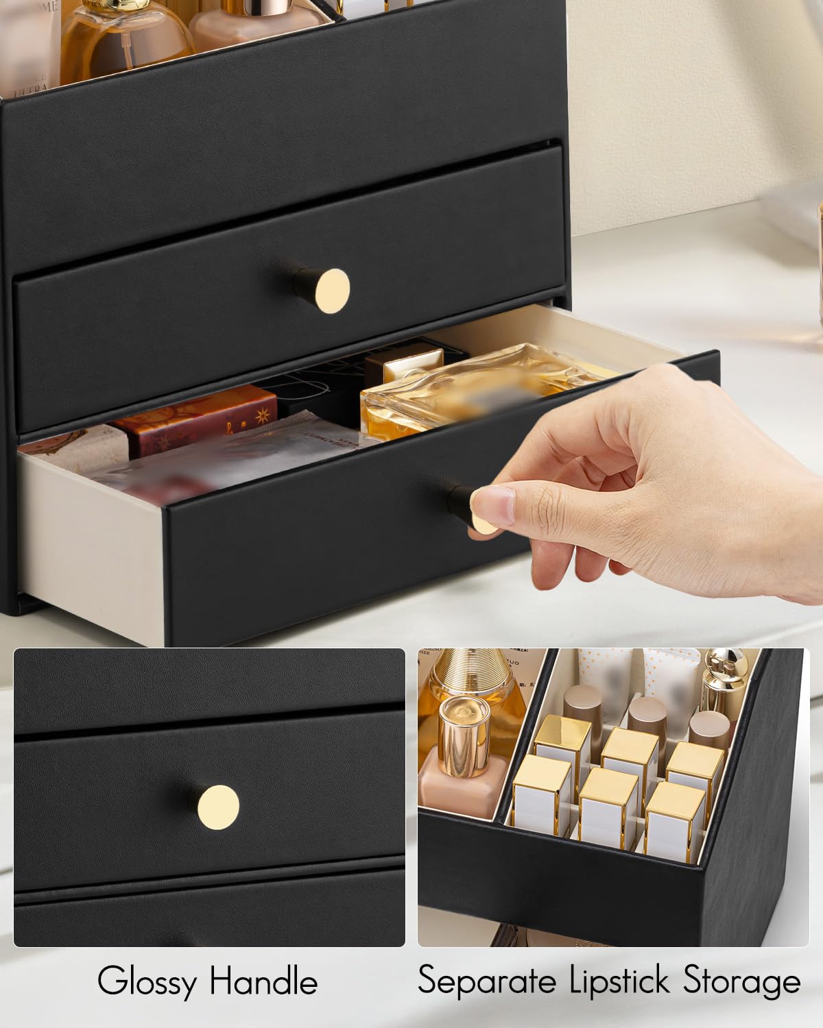 VLANDO Make-up-Organizer für Schminktisch, große Kapazität, Arbeitsplatten-Organizer mit Schubladen, PU-Leder, Kosmetik-Vitrine für Lippenstift, Pinsel, Hautpflege, Schlafzimmeraufbewahrung (schwarz)