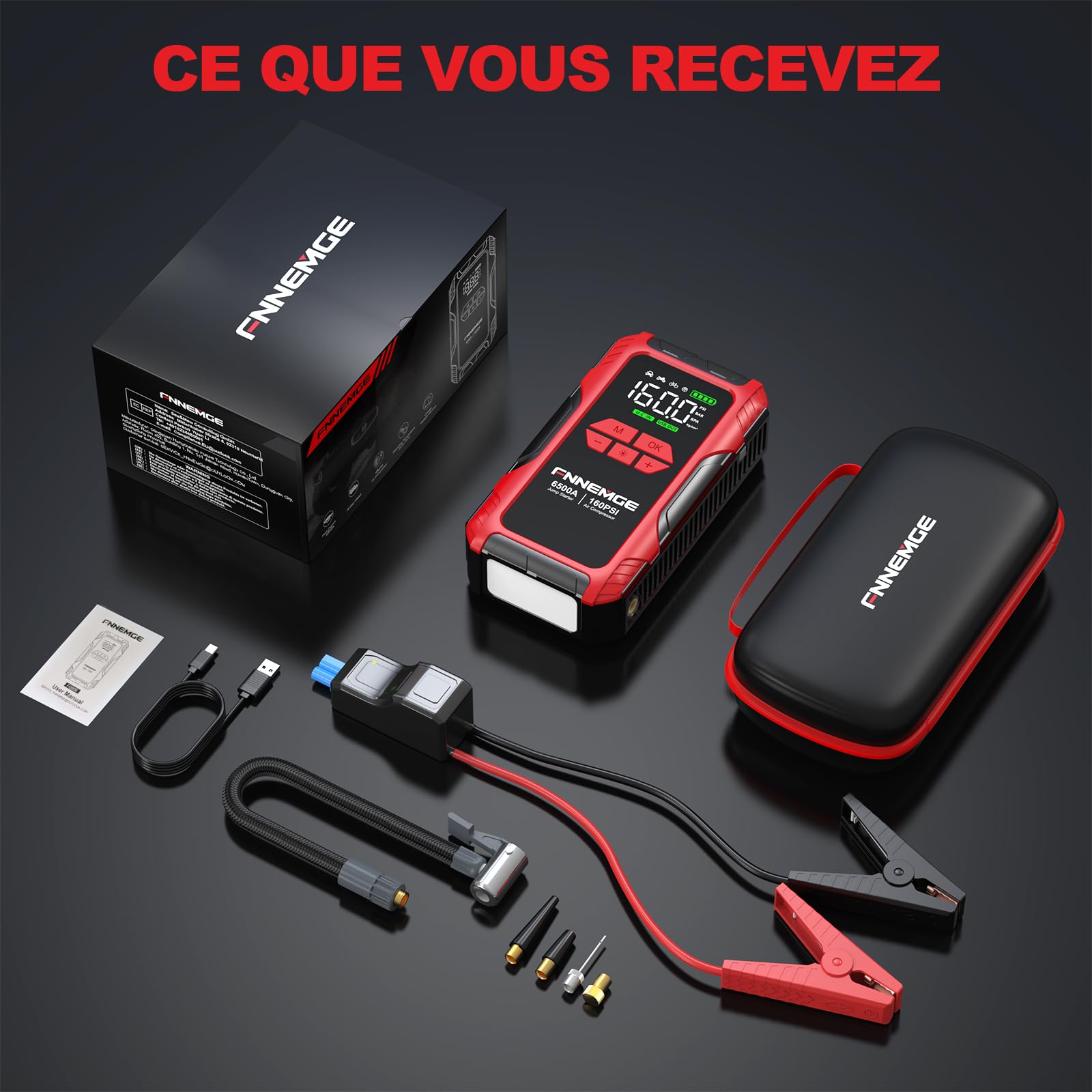 FNNEMGE Booster Batterie Voiture 6500A 26800mAh avec 160PSI Compresseur D’Air, Jump Starter (jusqu'à Tout Le Essence, Moteur Gazole 10,0L), avec Port de Charge USB, Deux lumière LED,HD Écran Large.