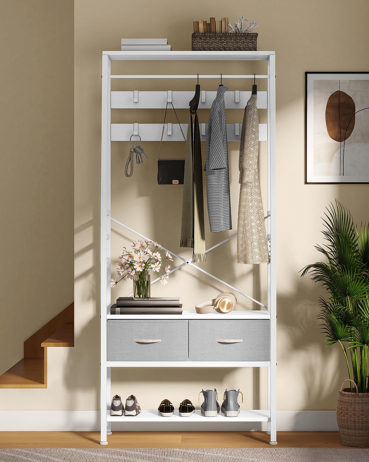 YITAHOME Porte-manteau avec rangement à chaussures, arbre d'entrée autonome avec banc et 2 tiroirs pliables, porte-manteaux industriel avec 8 crochets pour couloir, cadre en métal, Blanc