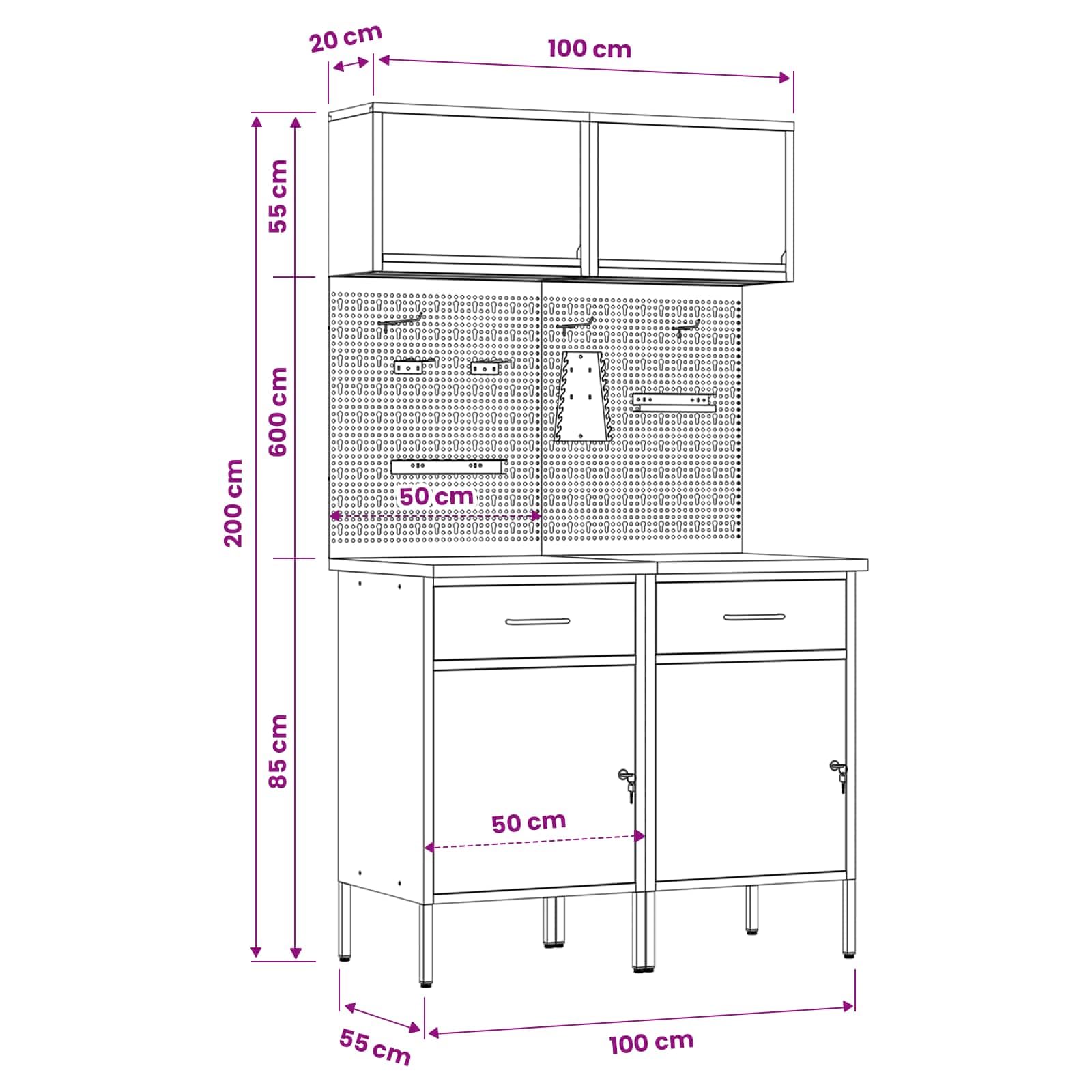 vidaXL Stół warsztatowy z szufladą 8 pcs Szary 100 x 55 x 200 cm Stal, Rozwiązania do przechowywania narzędzi, uchwyt na akcesoria, szafka z pojemnikami i półkami