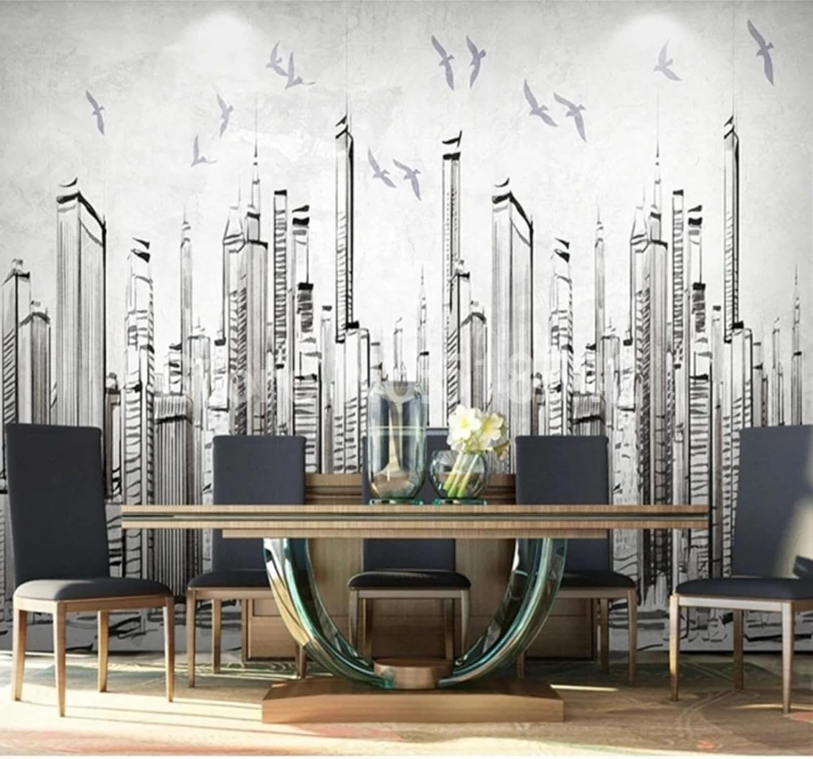 XLMING Hand Drawn Black and White City Architecture Birds in Flight Scenery 3D Wallpaper Silky Texture Home Study Office Grey Dining Room Sofa Bedroom Living Room TV Backdrop-300cm×210cm