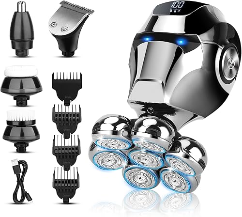 Afeitadora eléctrica para hombres calvos, maquinilla de afeitar flotante 6 en 1 con pelo de nariz, recortadora de patillas, cepillo facial,