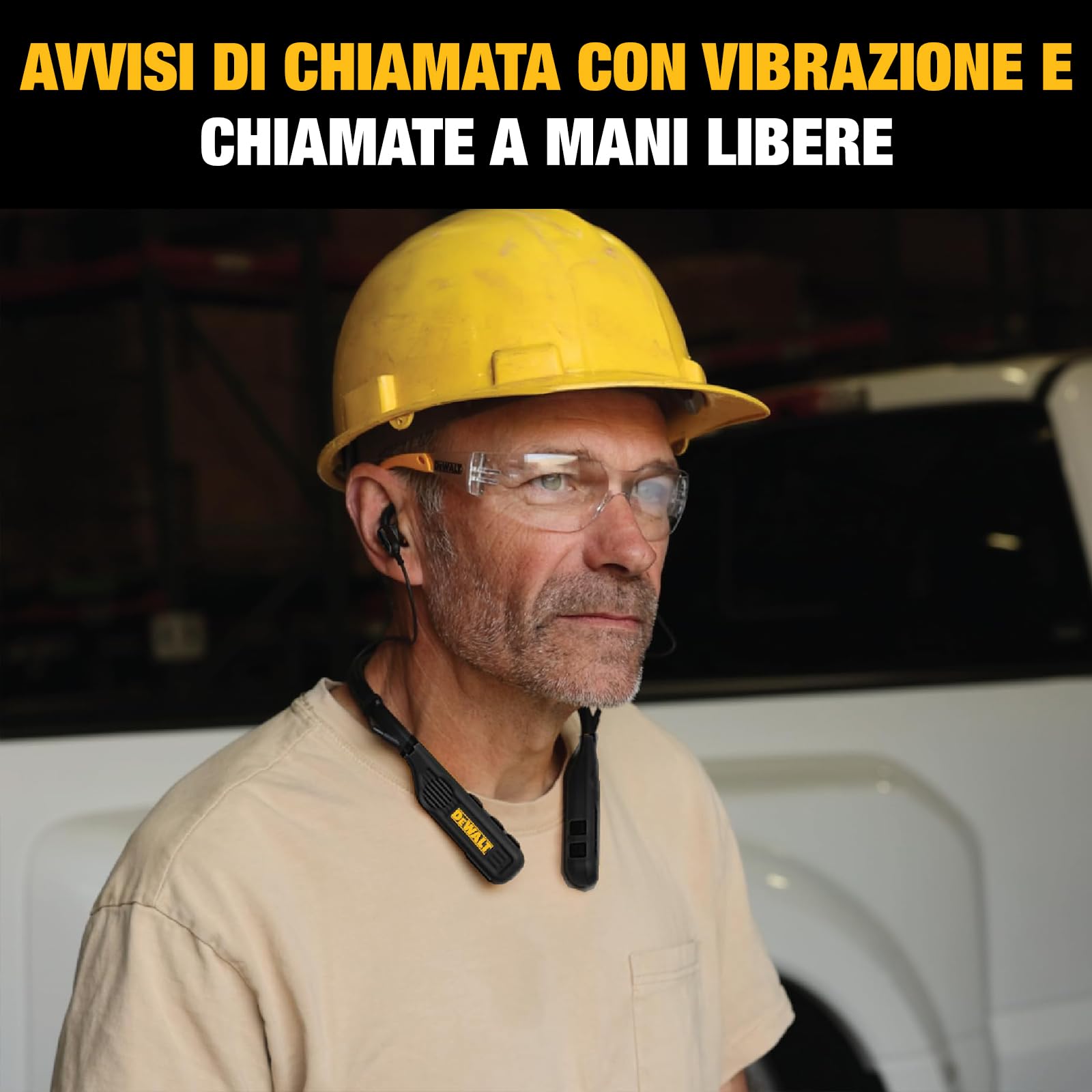 DEWALT Cuffie Bluetooth Neckband 2-in-1 Heavy Duty, Auricolari Wireless con Altoparlanti Integrati, 60+ Ore Autonomia Microfono HD, IP56 Impermeabili, Ideali per Cantiere, Officina e Outdoor Nero