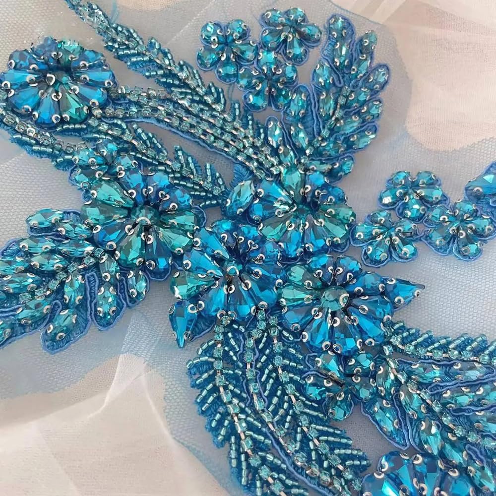4-kolorowa Ręcznie Szyta Szklana Lustrzana Naszywka Kwiatowa – Lśniąca Ozdoba DIY Ze Strasów Na Sukienki, Paski, Ramiona (1 Para, 29x17cm)(Sea Blue)