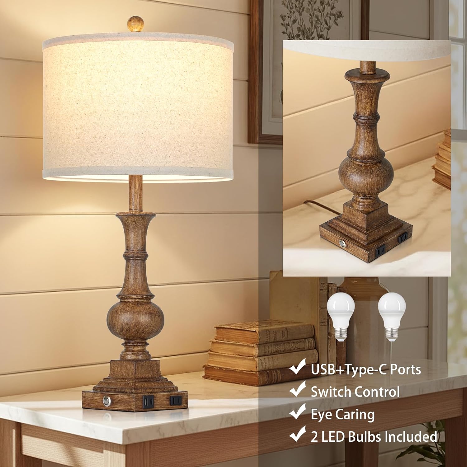 26" Tall Farmhouse Rustic Table Lamps for Living Room Set of 2, Vintage Retro Nightstand Table Lamp with USB C+A Charging Ports & AC Outlet, 3-Way Dimmable Touch Control Bedside Lamp for Bedroom Brown
