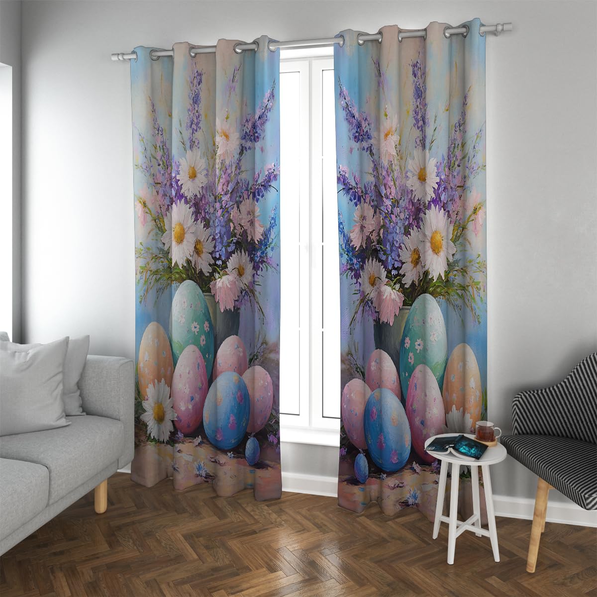 Huevos de Pascua Cortinas Opacas con Estampado de Huevos de Colores y Flores Cortinas de ojero para el salón Comedor Juego de 2 Paneles 2xB140xH260