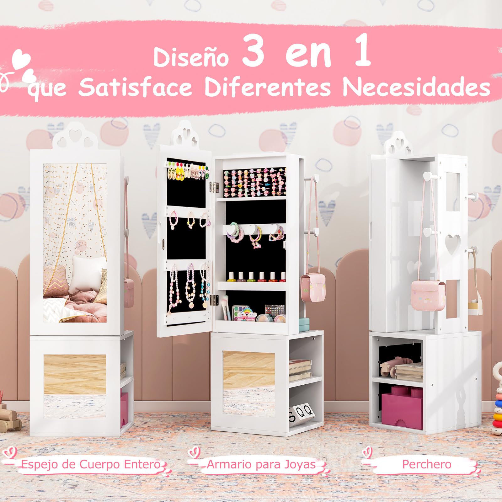 COSTWAY Armario de Joyería para Niñas 3 en 1 con Espejo y Perchero, Blanco