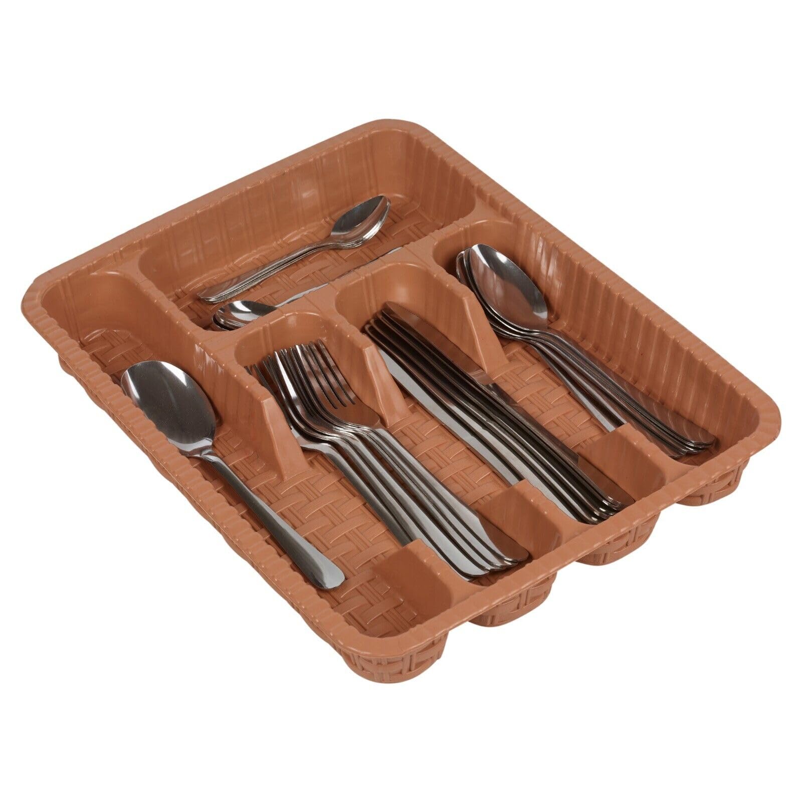 Urbnliving Cappuccino Plastic Woven Rattan Cutlery Utensils Holder Flatware Drawer 5 Section Organiser (Cappuccino)