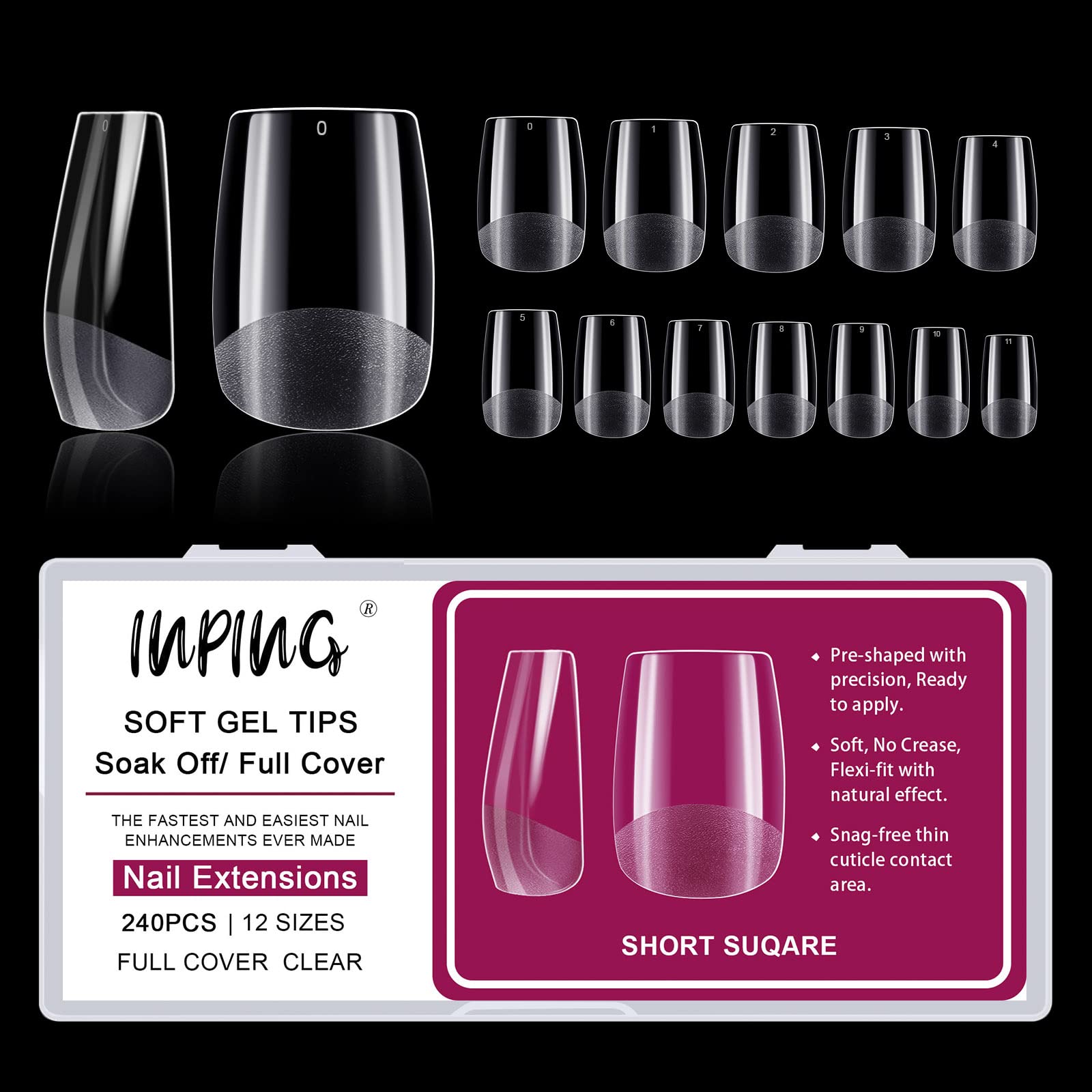 Short Nail Tips, 240PCS Short Square Clear Soft Nail Tips Half Full Cover Extensions Break Resistant Pre-Shaped Acrylic False Nails for Women Home DIY French Manicure Kit, 12 SIZES