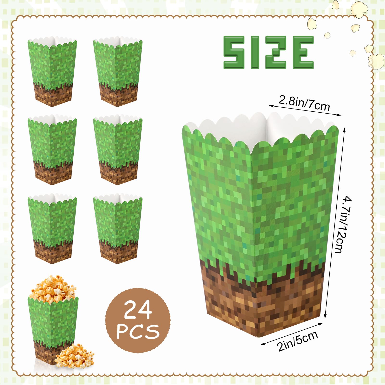 SAVITA 24pcs Popcorn Boxes, 4.72x2.76x1.97in Green Brown Miner Theme Popcorn Bags Creative Miner Party Supplies Mining Candy Snack Food Containers for Home Movie Theater