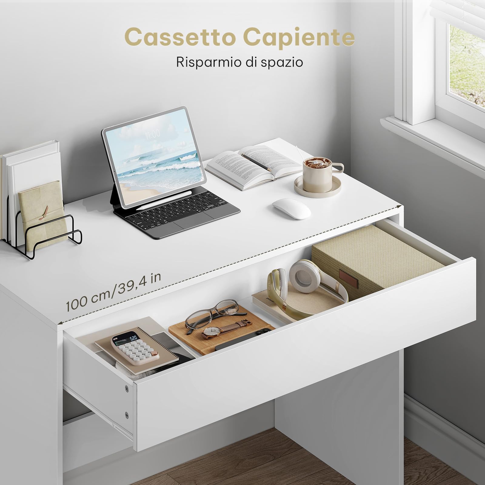 eSituro Scrivania per Computer con Cassetto, Scrivania da Ufficio, 100x50 cm, Tavolo da Lavoro in Legno, per Camera da Letto, Bianco