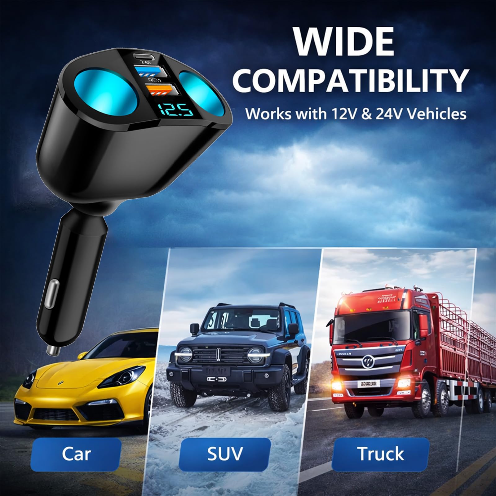 Double Prise Allume Cigare 12V, 120W Multiprise Allume Cigare QC3.0/PD/2.4A,Chargeur Voiture Allume Cigare USB avec Voltmètre LED Charge Rapide pour Téléphone GPS Caméra