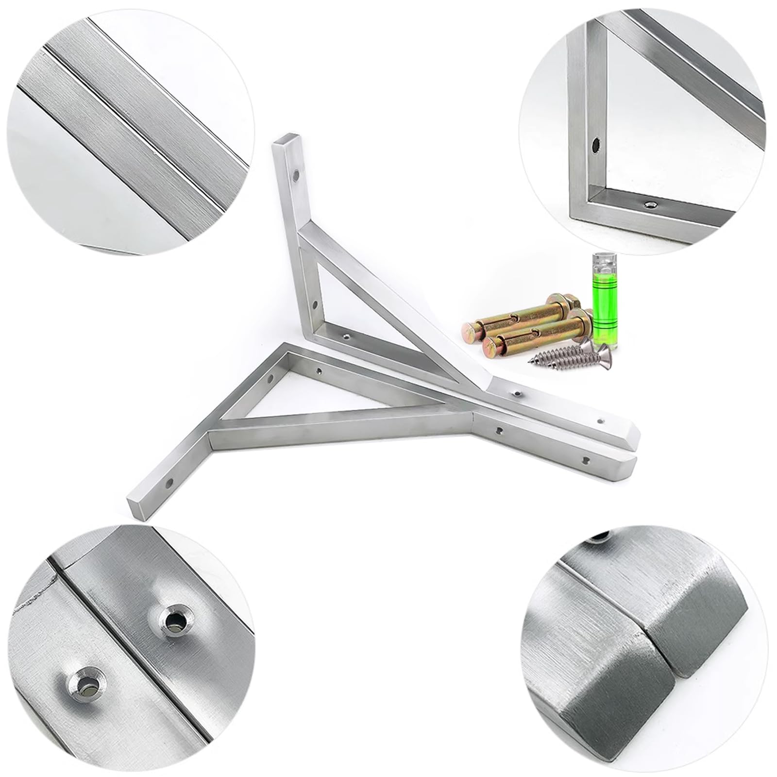 2 Piezas Soportes para Estantes de Pared,Soportes de Estantería de Metales Pesados,Escuadras para Estanterias de Acero Inoxidable en Forma de Triángulo,con Tornillos,Plateado (600mm x 305mm)