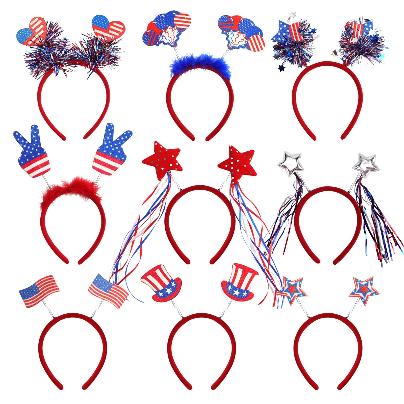 Oiuros 9PCS 4th of July Decorations Patriotic Head Boppers Headband, Independence Day Red White Blue Party Favors Accessories