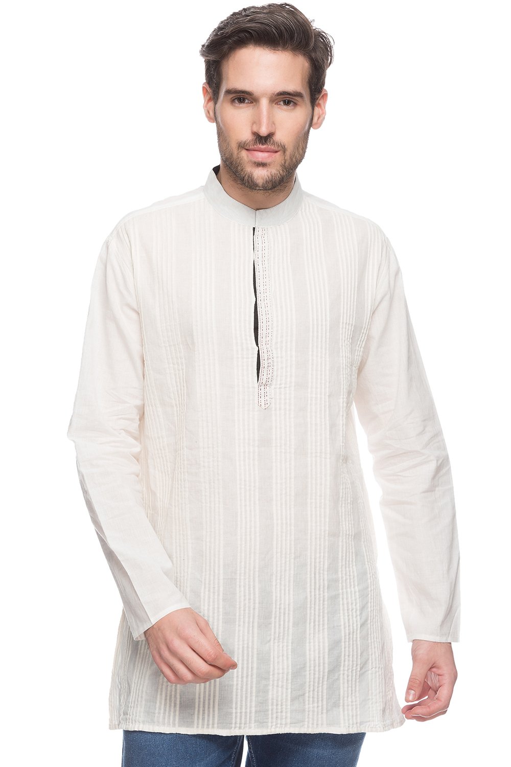 shatranj Men's Indian Mid-Length Kurta Tunic Banded Collar Solid Shirt with Pin-Tucks; Off-White; Large-picture-25