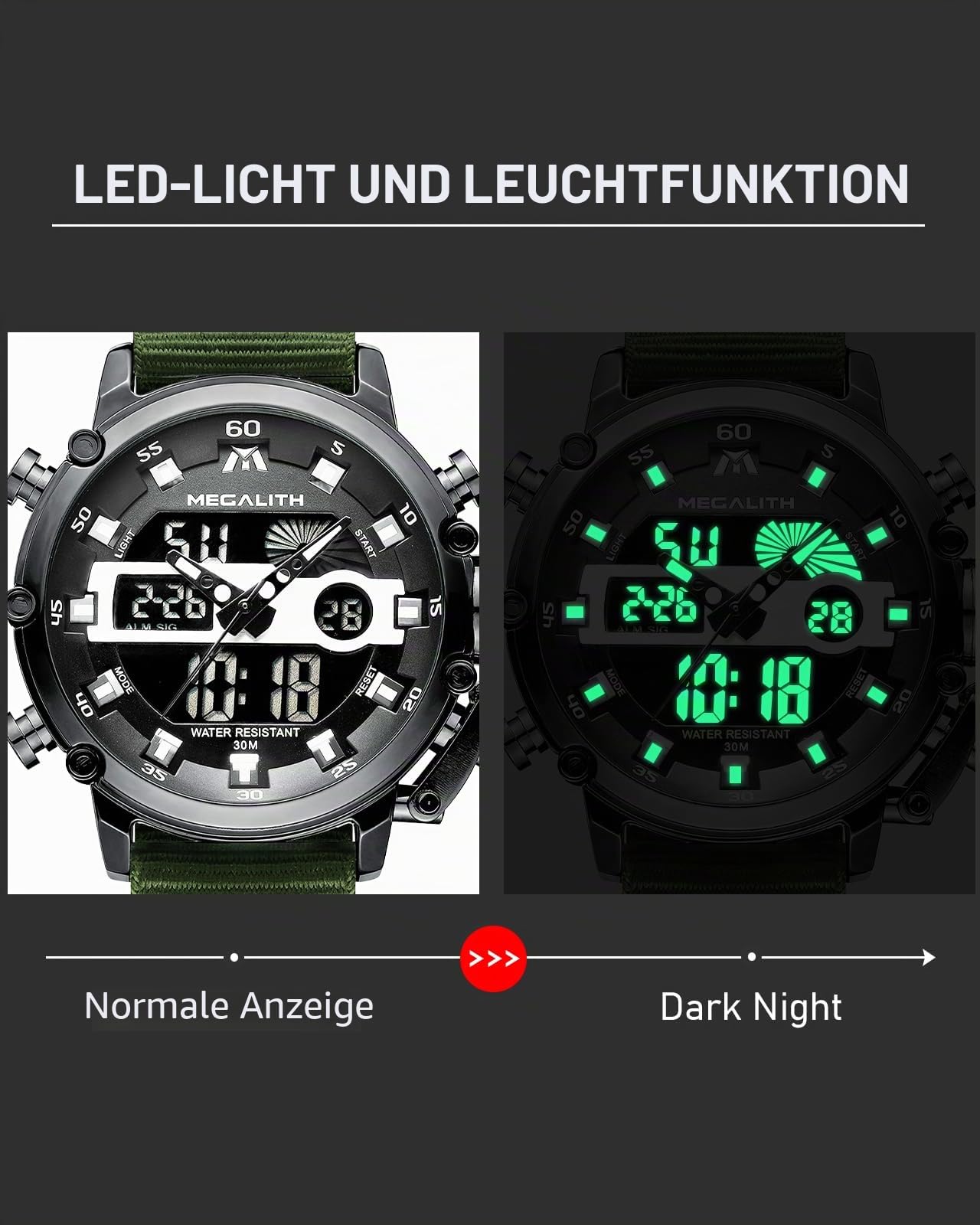 MEGALITH Herrenuhr Sportlich Militär Digitaluhr LED Groß Zifferblatt Uhren fur Männer - Digital Analog Armbanduhr Herren Wasserdicht Stoppuhr Wecker Kalender