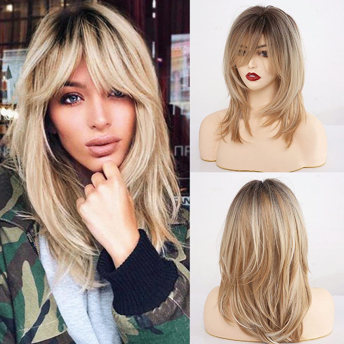 Long Curly Brown Wig 18 Inch Light Blonde Hair Wigs Synthetic Layered Long for White Women Girls with Dark Roots - Image 4