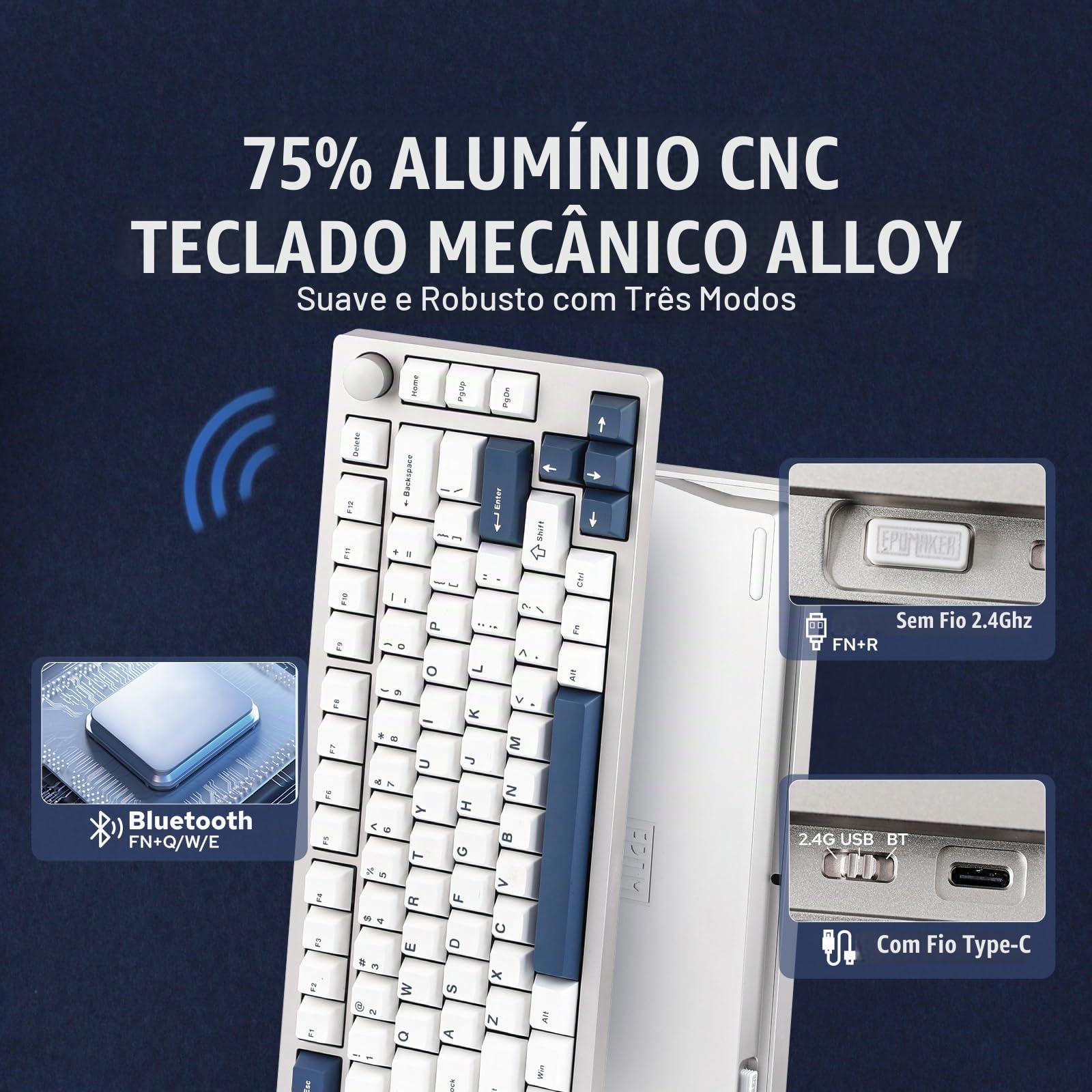 EPOMAKER P75 US配列 メカニカルキーボード EPOMAKER Teclado mecânico de alumínio sem fio P75, BT 5.0/2.4GHz