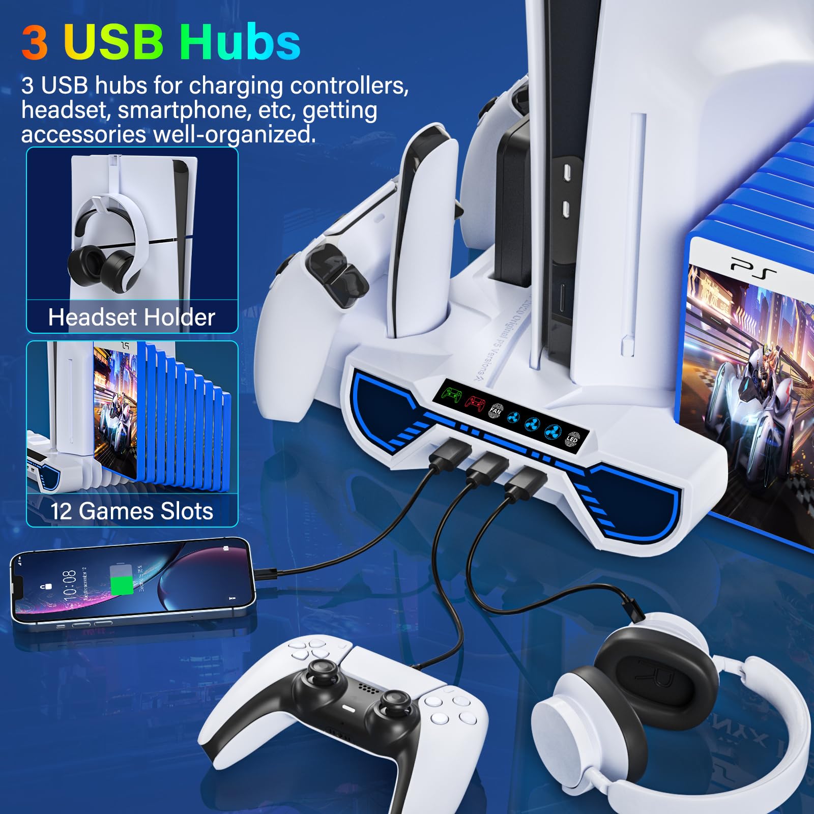 ZRZLMVP PS5/Slim/Pro Controller Stazione di ricarica per console PlayStation 5 Disc/Digital, accessori PS5 con luce RGB, stazione di ricarica del controller, 3 hub USB, bianco