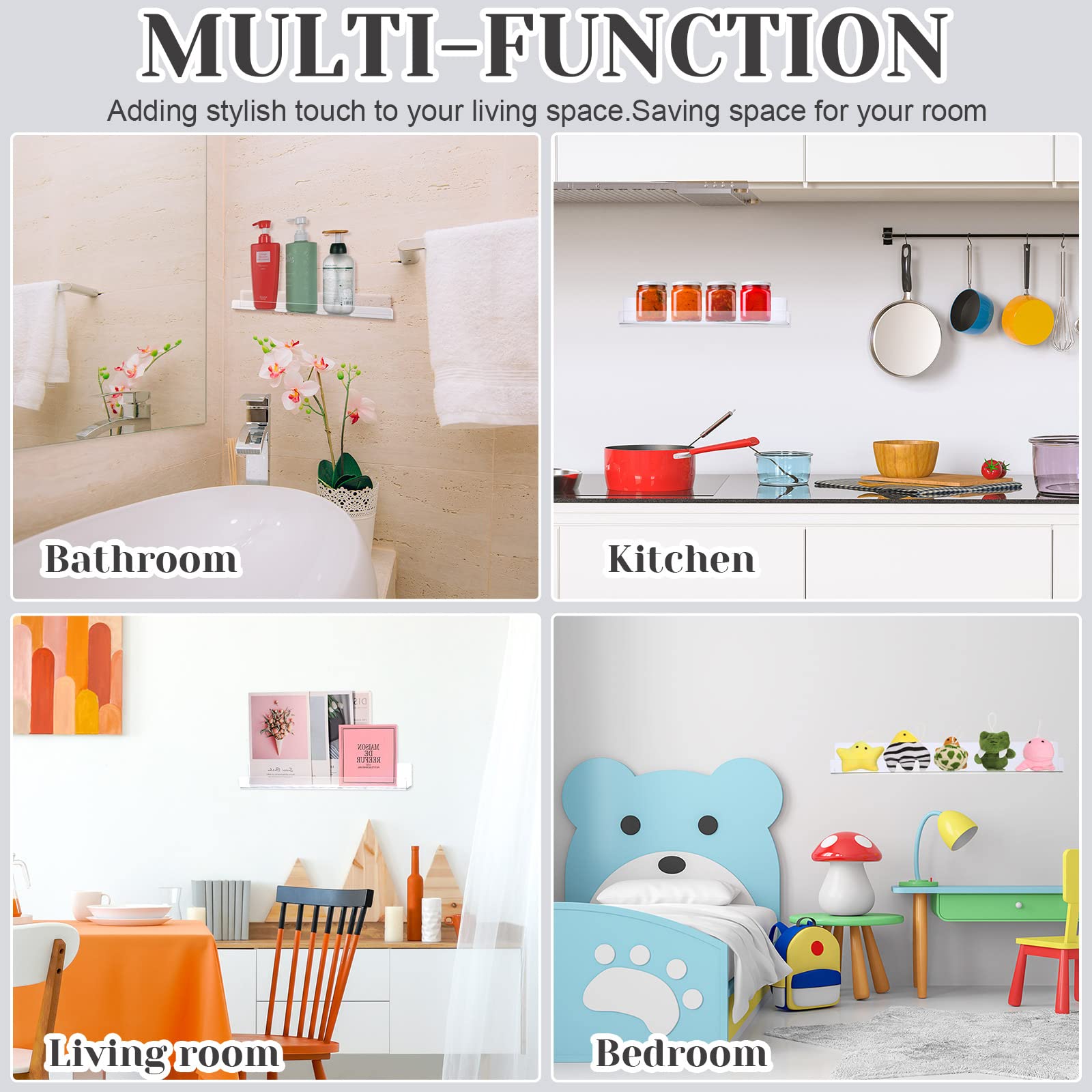 12 Pack Acrylic Floating Shelves Invisible Kids Bookshelf Clear Acrylic Ledge Wall Mounted Storage Shelf Transparent Spice Rack Display Organizer for Books, Photos, Toy, Spice, Cosmetics (15x4x2'')