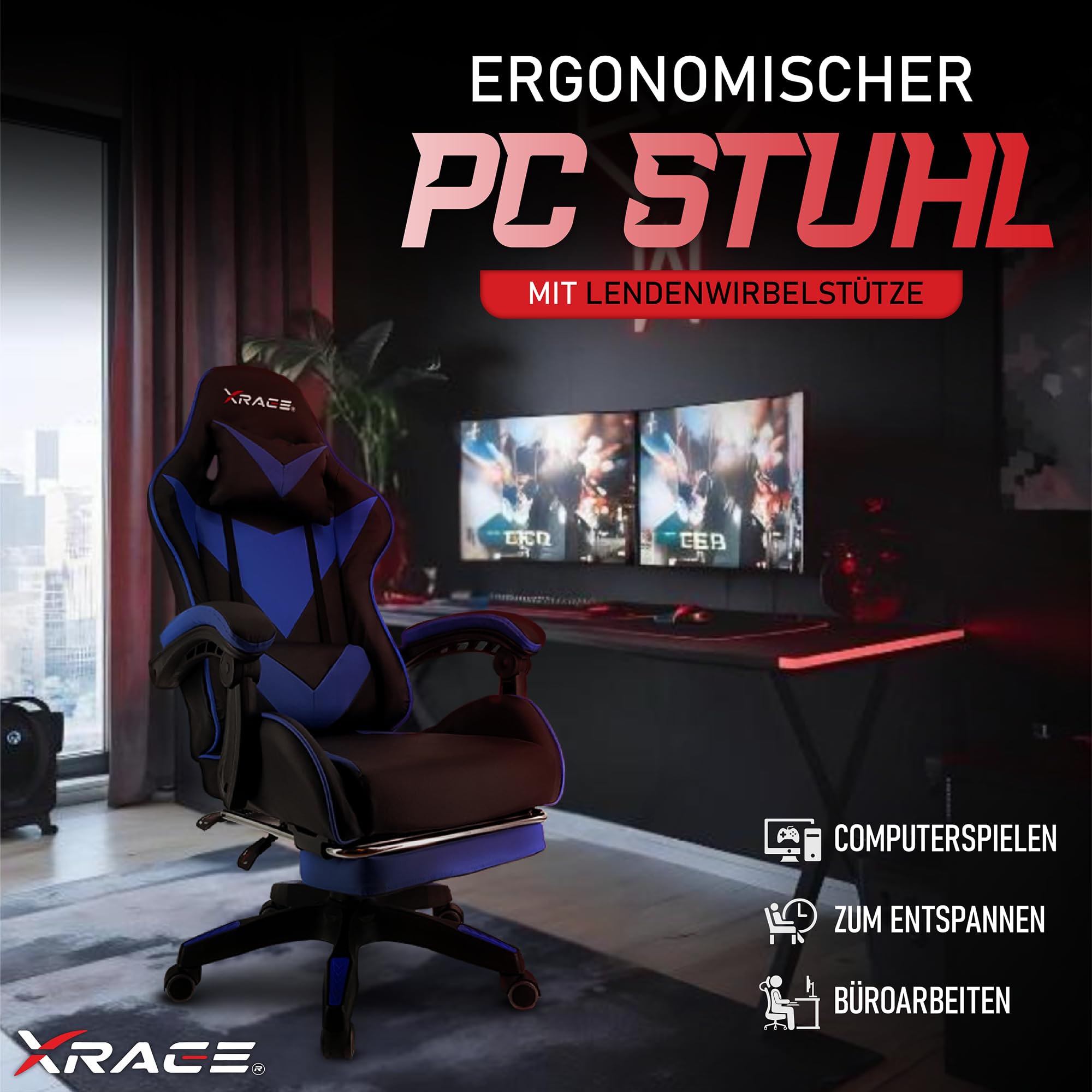 xRace Gaming Stuhl, Bürostuhl, Ergonomischer Pc Stuhl, Gaming Sessel aus Leder mit Lendenwirbelstütze, Verstellbarer Drehbarer, Task Stühle mit Fußstütze und Kopfstütze, Blau