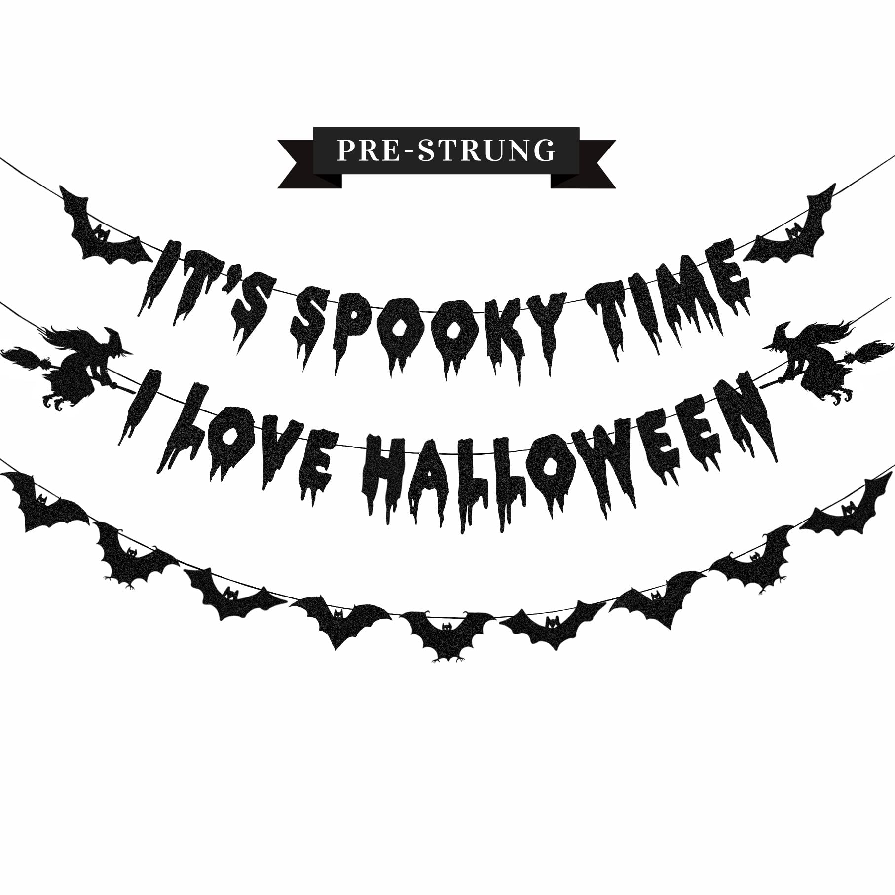 Halloween Decorations - Glittery Black It's Spooky Time I Love Halloween Banner and Bats Garland, Bats Wall Decor for Halloween Party Decorations Indoor