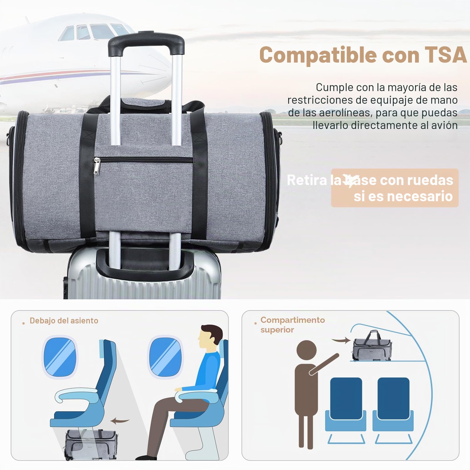 Bolsa de Ropa con Ruedas, Bolsa de Viaje Gran para Equipaje, Bolsa de Ropa para Viaje 3 en 1 para Hombres y Mujeres, Garment Duffle Bag (47L, Gris)
