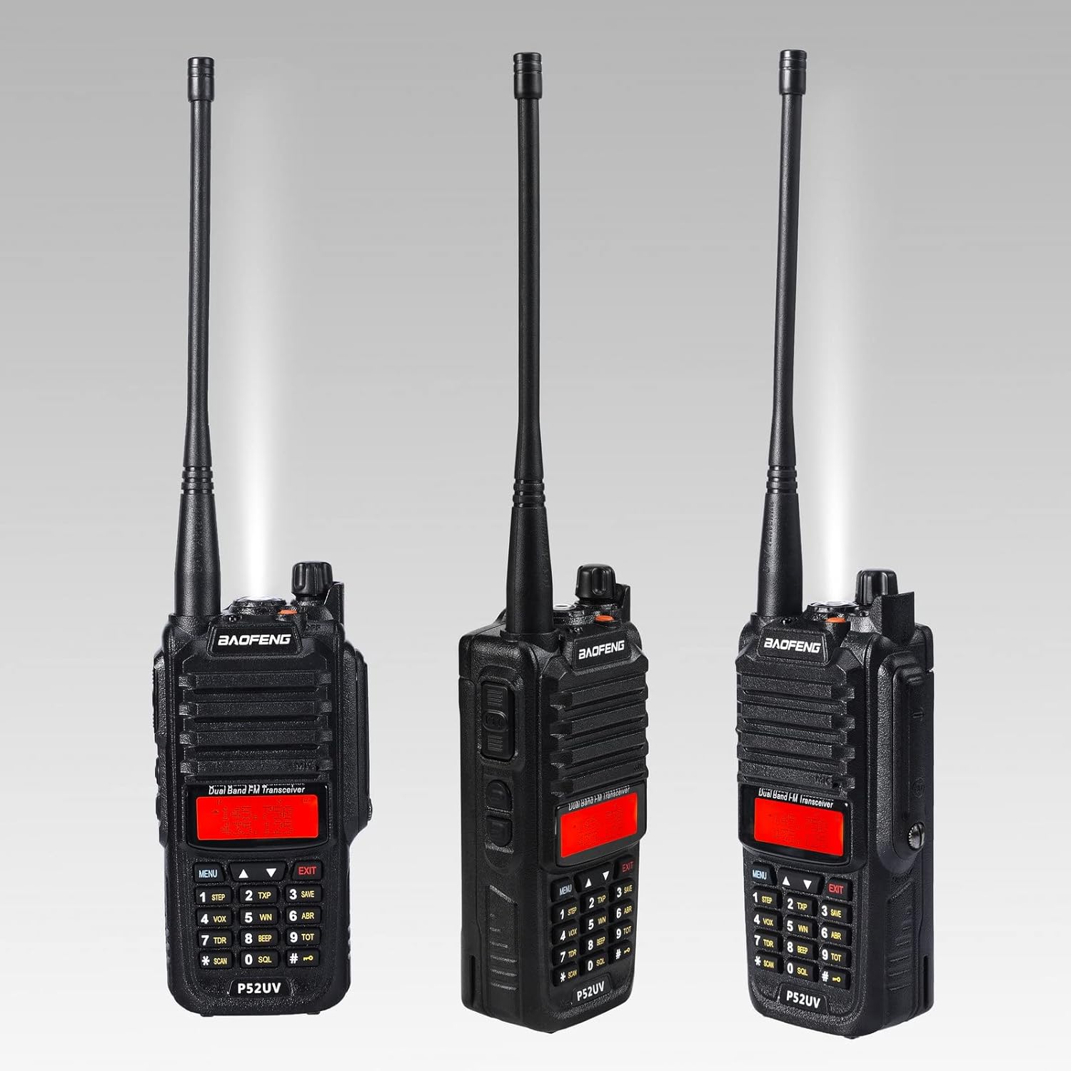 Multiple views of the BAOFENG P52UV radio showing the attached belt clip