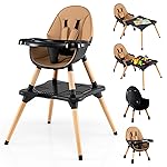 GLACER High Chair, 6-in-1 Convertible Wooden High Chairs for Babies and Toddlers w/Building Block Table, 5-Point Safety Harness, Removable Tray, PU Cushioned Baby High Chair for 6-36 Months (Coffee)