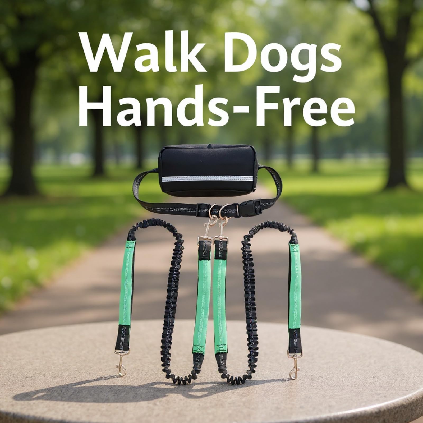 Guinzaglio libero per cani con tasca, doppio guinzaglio per 2 cani, estensibile, cintura in vita regolabile, riflettente, nylon resistente, verde