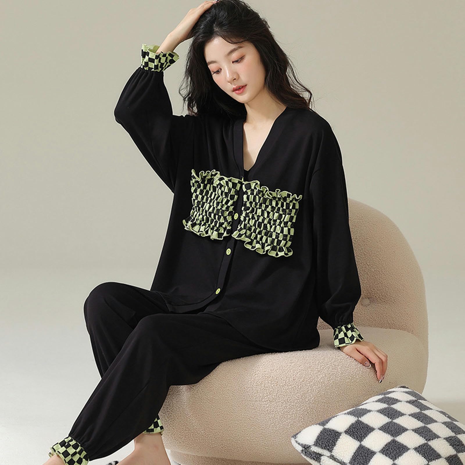 Pigiama Donna Set di Pigiama in Cotone Femminile - Stile Primaverile Autunno, Cardigan A Maniche Lunghe, Versatile Capispalla per Casa E Fuori-Nero-XXL