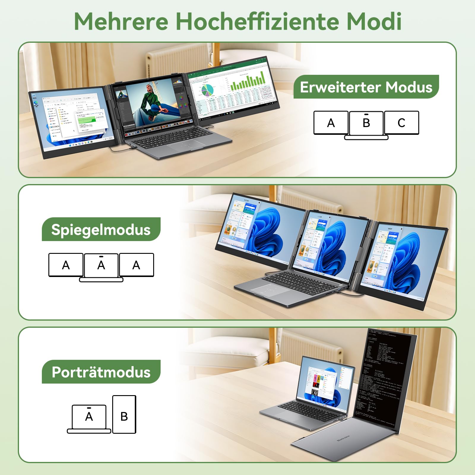 Blackview DCM8 Laptop Bildschirm Erweiterung 15,6", 100% sRGB 1200P FHD, Ultradünn Niedriges Blaulicht Triple Monitor Arbeit mit 13,3" -17,3" Laptops Kompatibel mit Mac Windows Chrome(1Kg) - 5