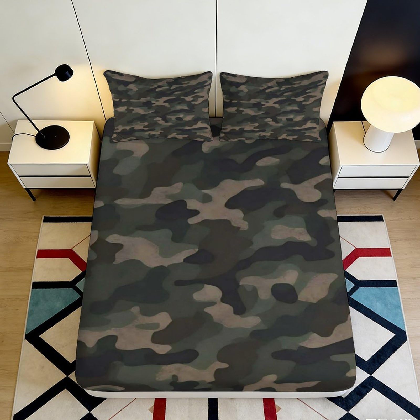 3D Printed Camouflage Fitted Sheet Microfiber Soft Anti-Slip Army Green Camo Mattress Cover for Bedroom Guest Room 90x200x25cm