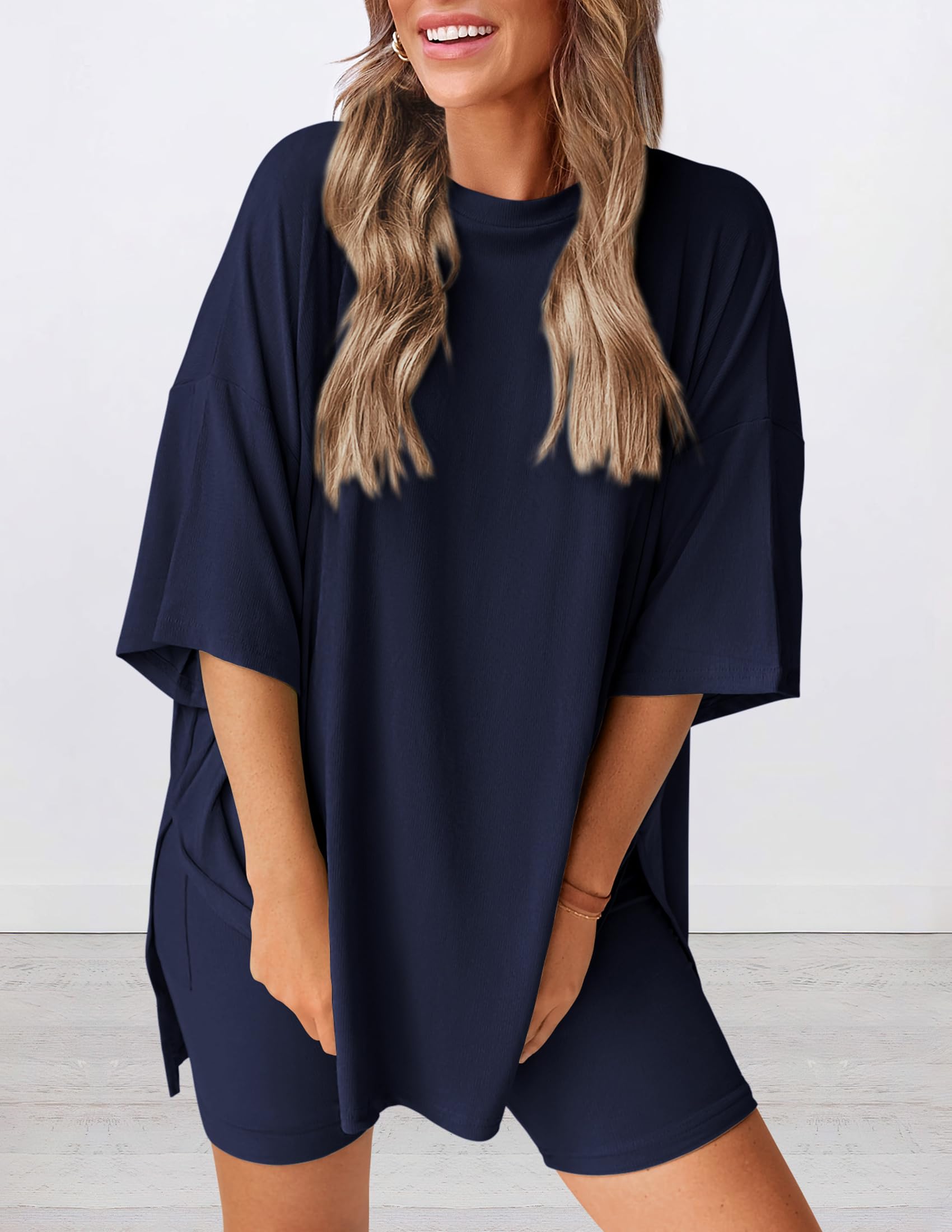 PRETTYGARDEN Women 2 Piece Lounge Set 2026 Summer Casual Oversized Shirts Biker Shorts Matching Airport Travel Outfit Clothes - 3