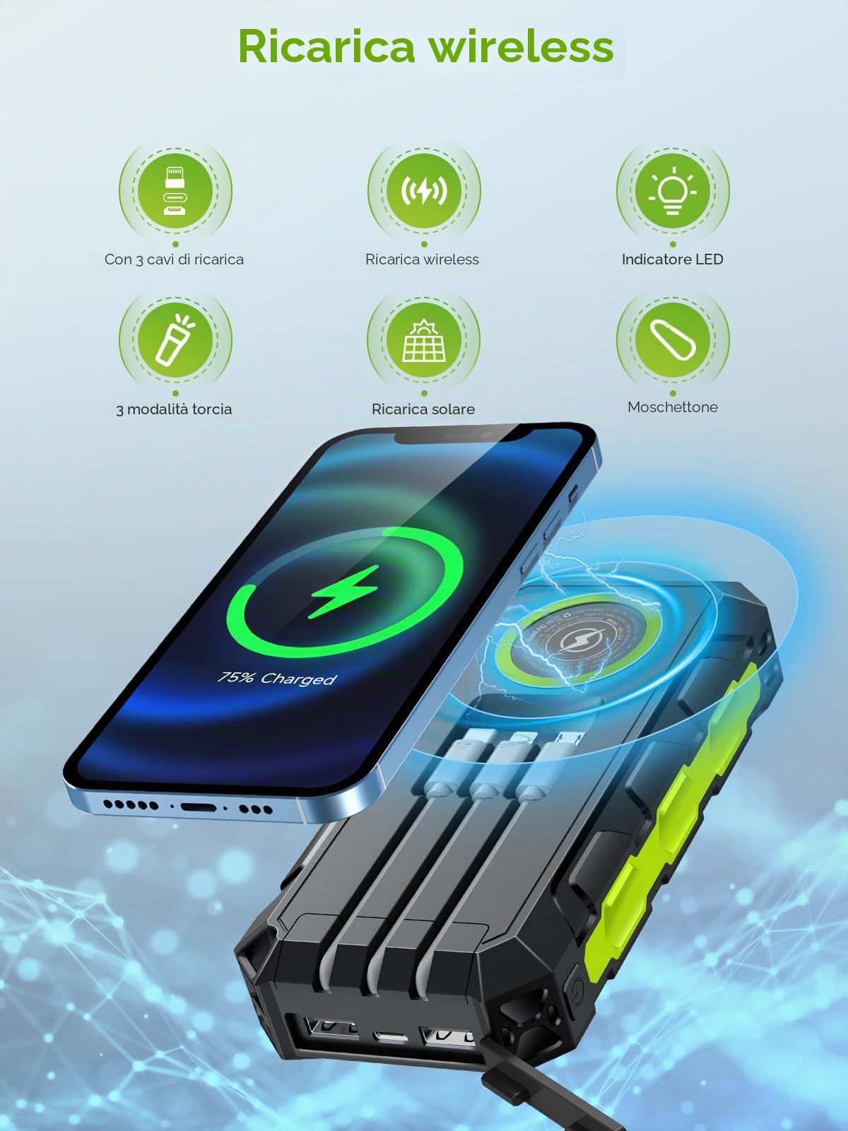 52800mAh Power Bank Solare 30WPD con Cavi Integrati Ricarica Rapida | Batteria Esterna Powerbank 7 Uscite Torcia LED Display Digitale, Ideale per Campeggio e Attività Outdoor