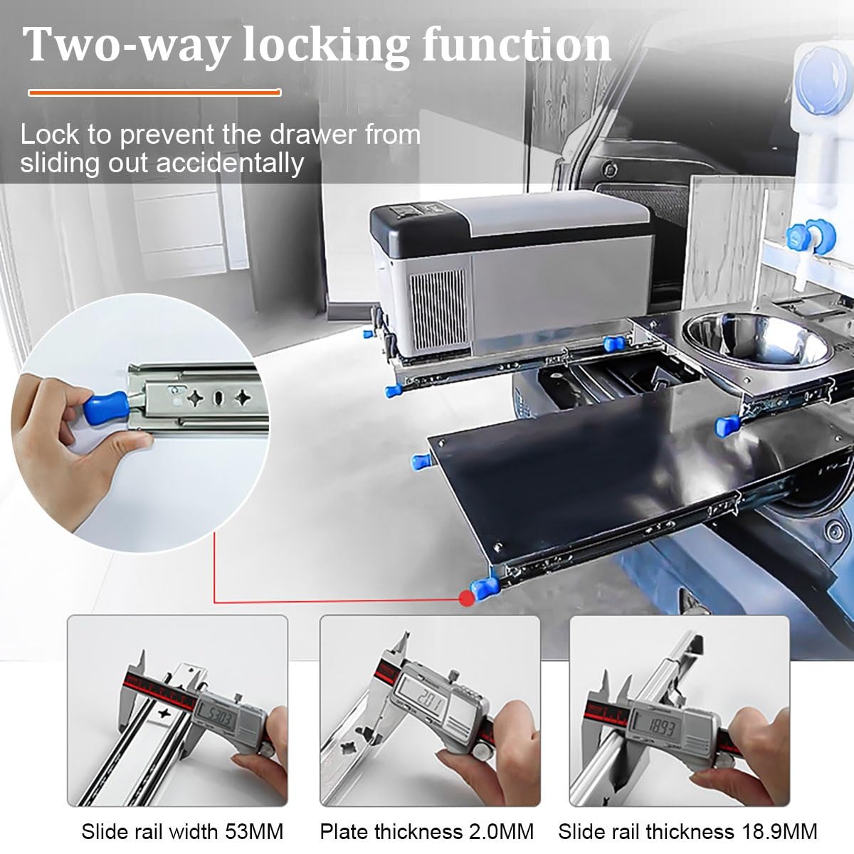 Heavy Duty Drawer Slides 53mm Wide, Full Extension Drawer Slides, Side Mount Ball Bearing Rails, 120kg Load Capacity, Full Extension Runners for Cabinets, Vans, Workbench, 1 Pair(with Lock,44 in)
