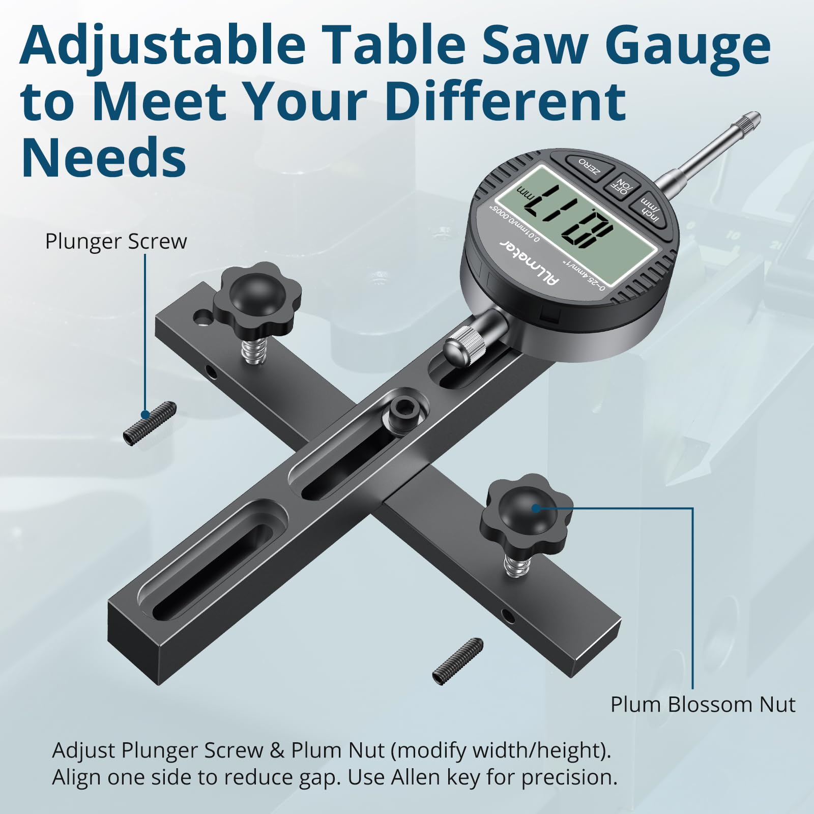 Comparatore Digitale 0.01mm/0.0005" per Sega da Banco con Barra in Alluminio CNC, Calibro di Allineamento Lama e Guida, Misuratore Precisione con Base Regolabile 13-18cm - Nero
