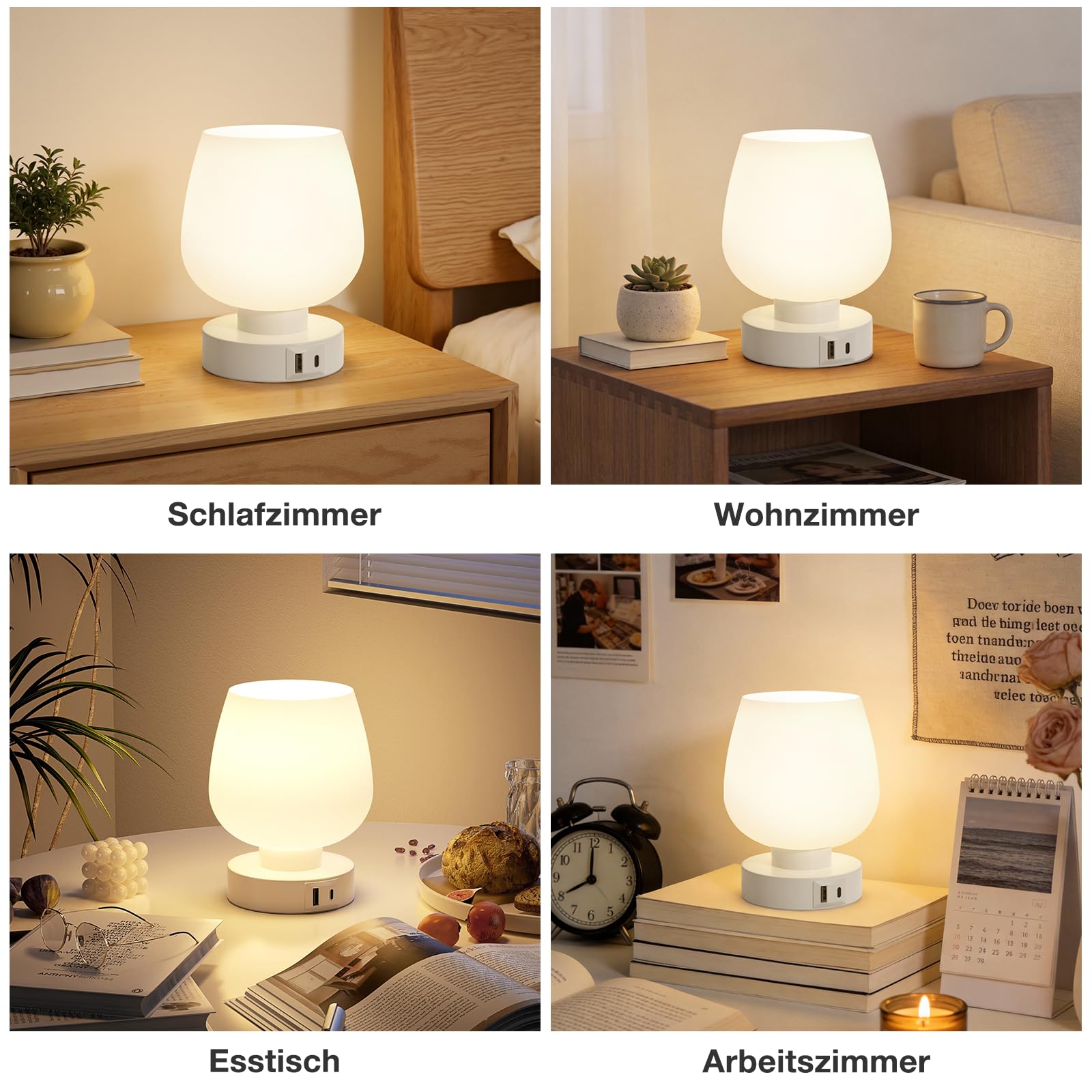 Nachttischlampe Touch Dimmbar 2er Set, Tischlampe mit USB A+C Anschlüsse LED Birne, 3-fach Dimmbar, Kleine Glas Lampe für Nachttisch Schlafzimmer Wohnzimmer Babyzimmer