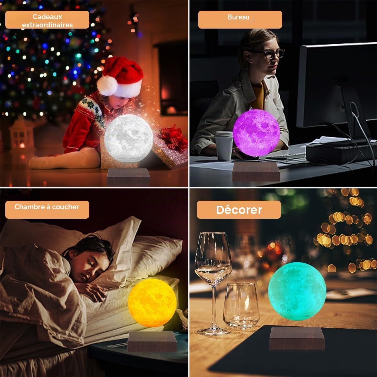 Lampe de lune en lévitation flottant et tournant librement dans l'air avec une base en faux bois de luxe et une impression 3D LED Moon Light, pour des cadeaux uniques