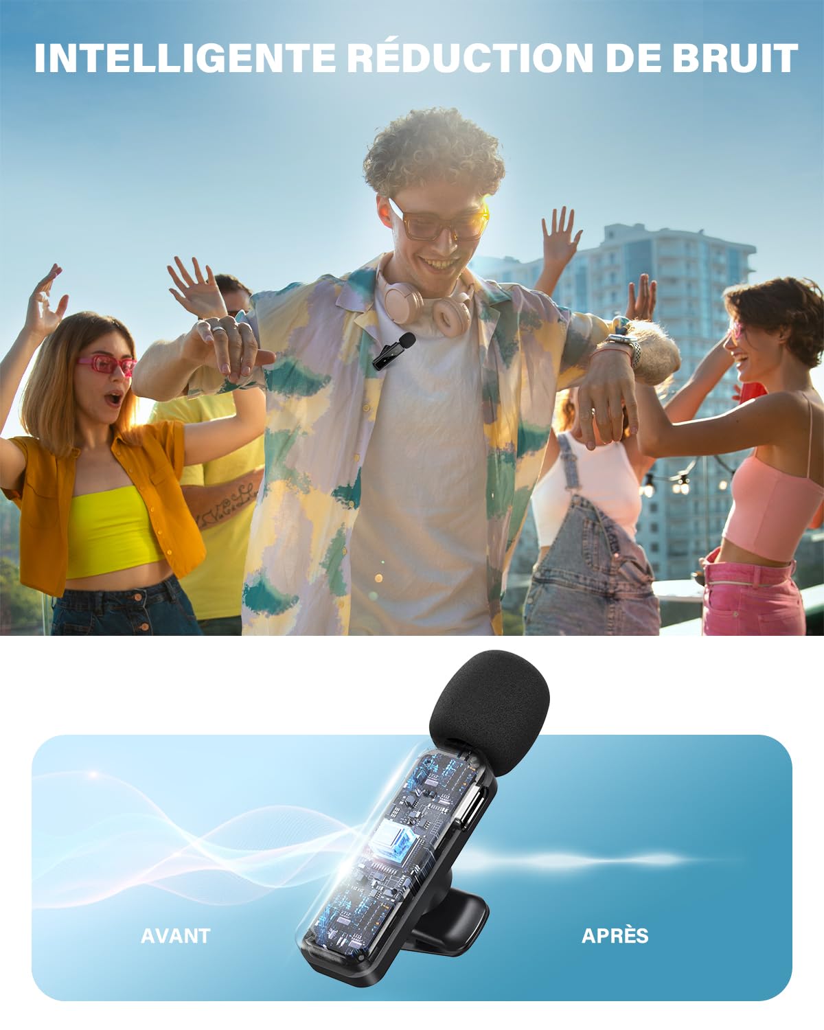 Microphone de Lavalier sans fil pour iPhone, iPad, appareils Android - Mini microphone à pince avec suppression du bruit, appairage automatique, sourdine et réverbération, idéal pour le Vlogging