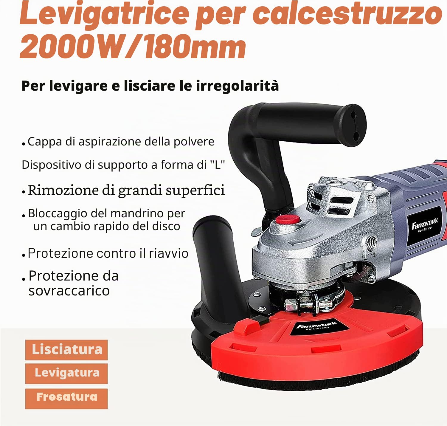 FANZWORK - Smerigliatrice per calcestruzzo, set con mola diamantata e cappa di aspirazione (2000 W/180 mm)