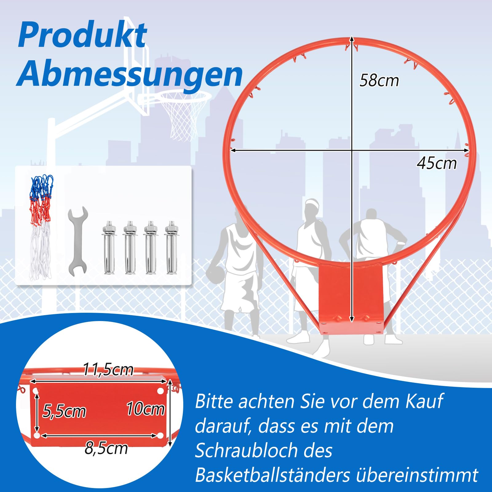 GYMAX Aro de Baloncesto de 45 cm / 37 cm, A Montado en la Puerta de la Pared, Aro de Baloncesto de Repuesto para Todo Clima con Red, Aro de Baloncesto Colgante para Interiores y Exteriores