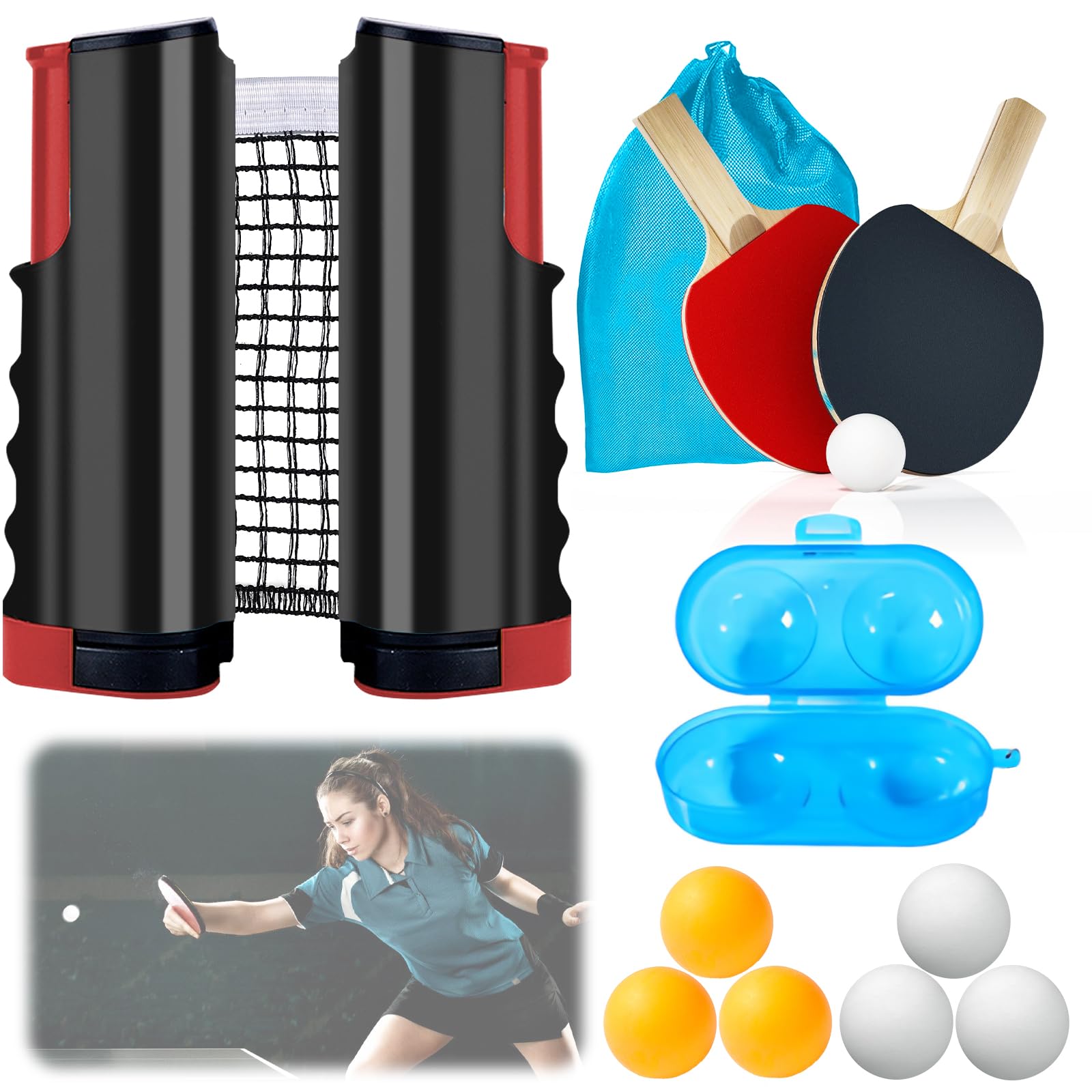 Juego de Raquetas de Ping Pong Plegables Profesional - 2 Raquetas, 6 Pelotas con Caja y Bolsa de Almacenamiento para Deportes de Interior y Exterior
