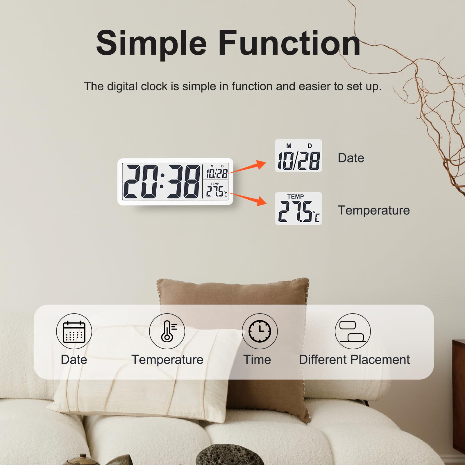 JoFomp LCD Digitale Wanduhren Batteriebetrieben, 8,5 Zoll Moderne Wanduhren für Wohnzimmer Dekor, Einfache Digitale Wanduhr mit Temperatur/Datum/Uhrzeit - 12/24H, Kleine Digitaluhr für Schlafzimmer