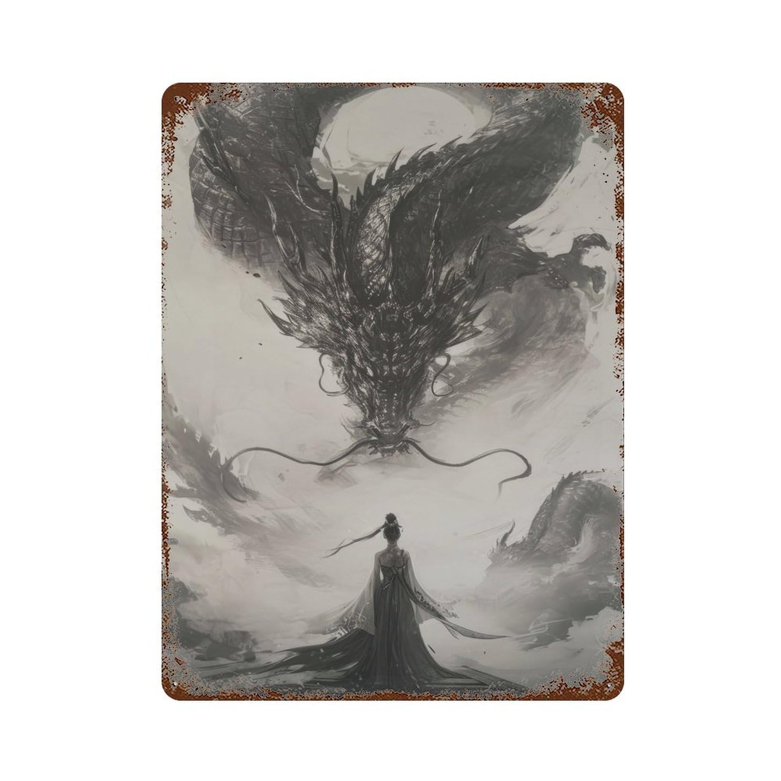 Rust Effect Tin Sign Chinese Dragon Princess 15.7"x11.8", Vintage Wall Decor for Living Room, Hallway And Home Decor