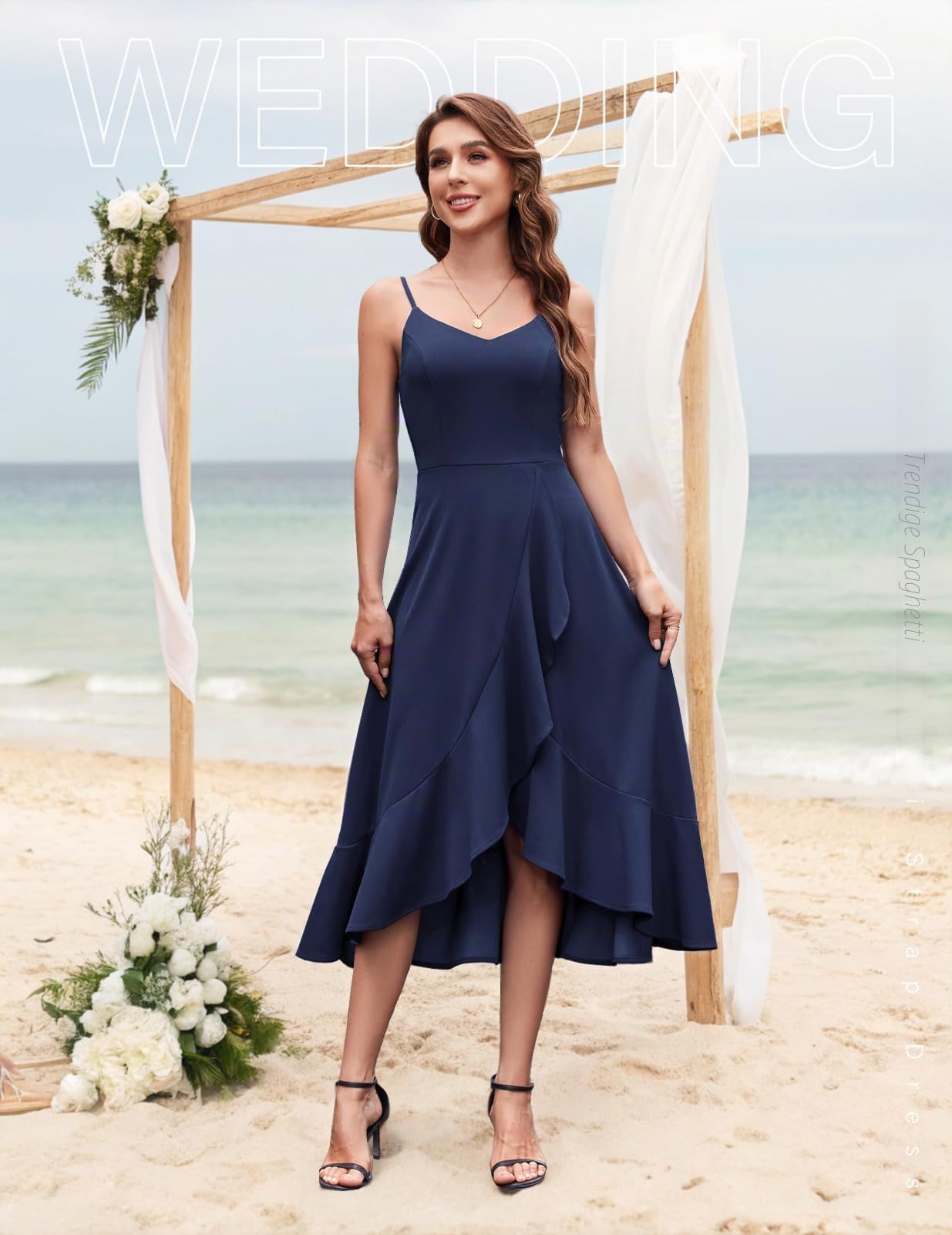 DRESSTELLS Cocktailkleid Damen Festlich Träger Hochtief Kleid für Hochzeit Knielang Weihnachtsfeier Kleider Elegantes Partykleid