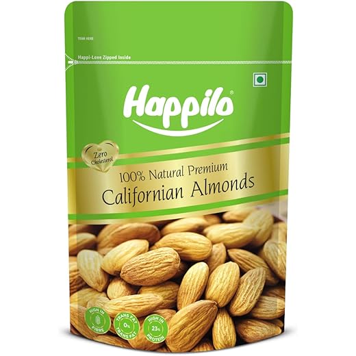 Happilo Premium Natural Californian Almonds 200g | Badam Giri, Healthy Snacks, Dry Fruits | Crunchy Nuts | High in Fiber | Rich in Protein | Magnesium | Phosphorus | Dietary Fibre | Zero Cholesterol