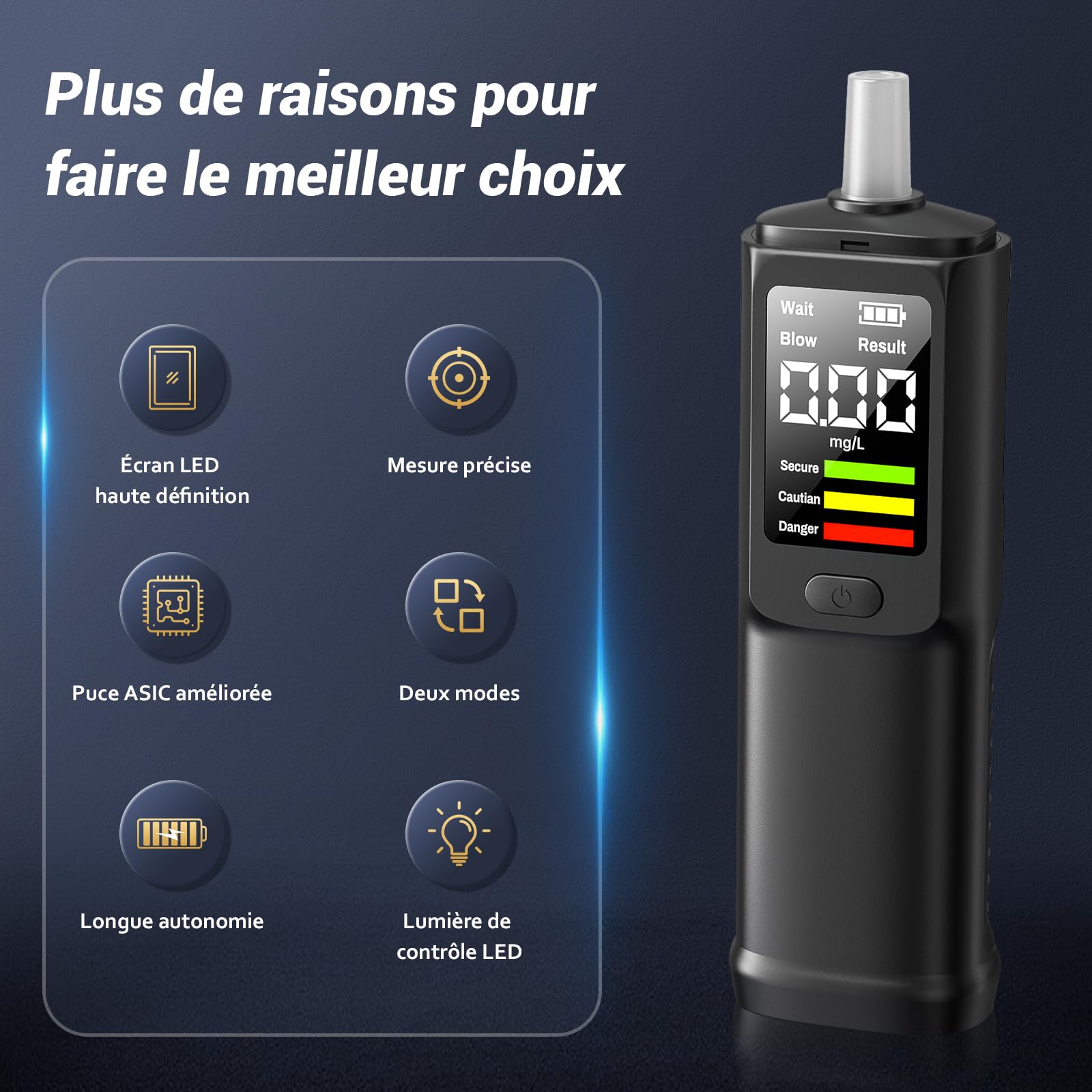Éthylotest Électronique USB-C, Alcootest LCD | Test rapide, affichage BrAC mg/L, modes contact et sans contact, 10 embouts inclus, compact pour voiture et soirées.