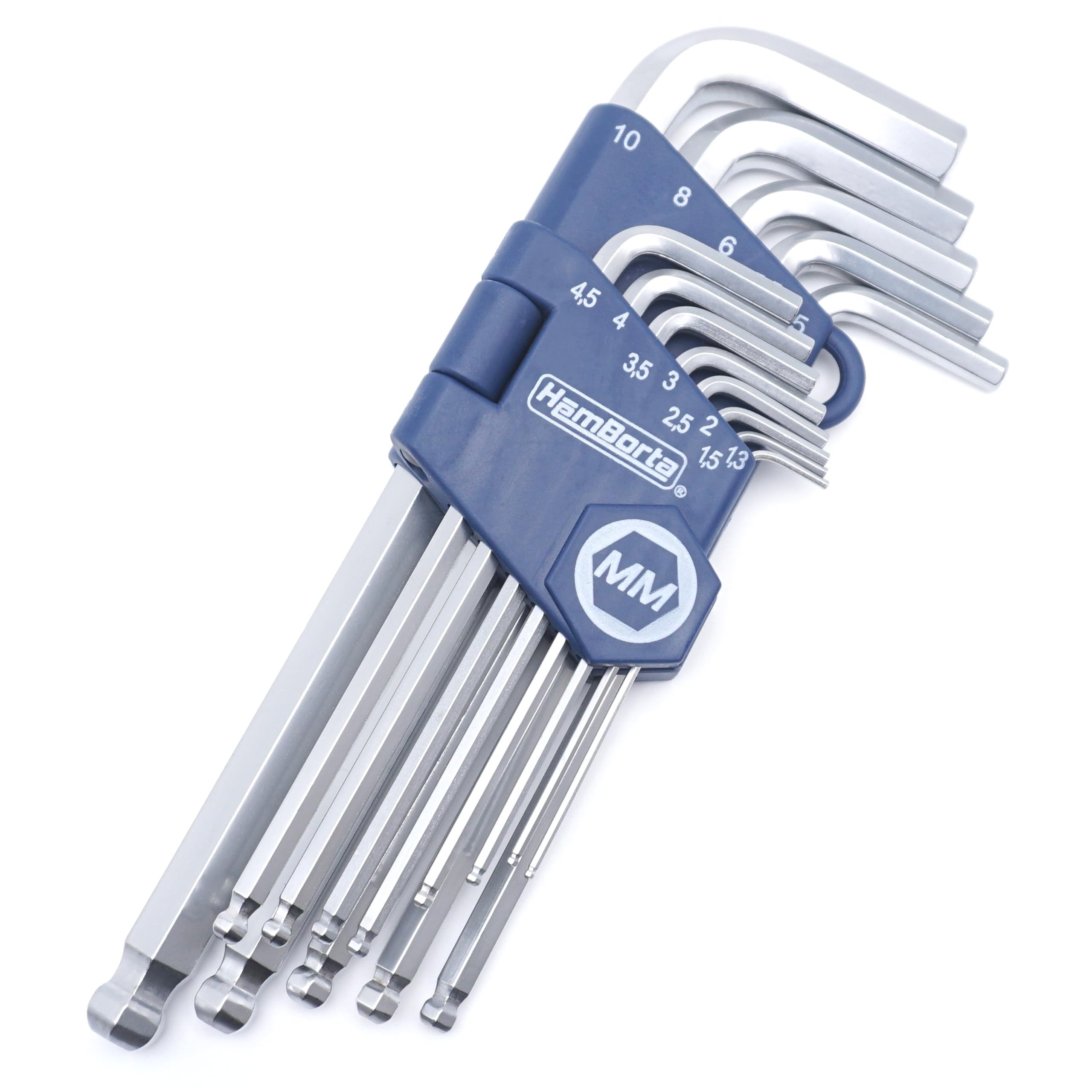 Long Allen Wrenches, Metric Set 13 Pieces 1.25-10 mm Satin | Tempered chrome vanadium steel, measures 8/10 mm and 5.5 mm, beveled tips, labeled storage holder